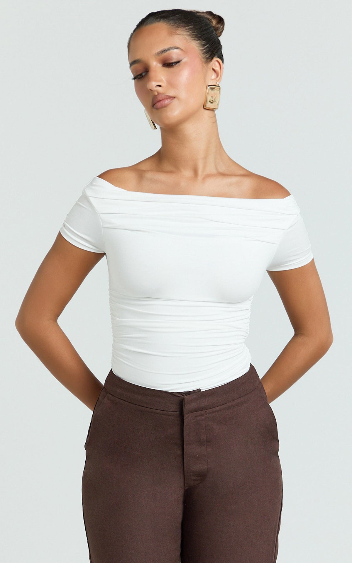 Gena Top - Off Shoulder Gathered Short Sleeve Top in Cream