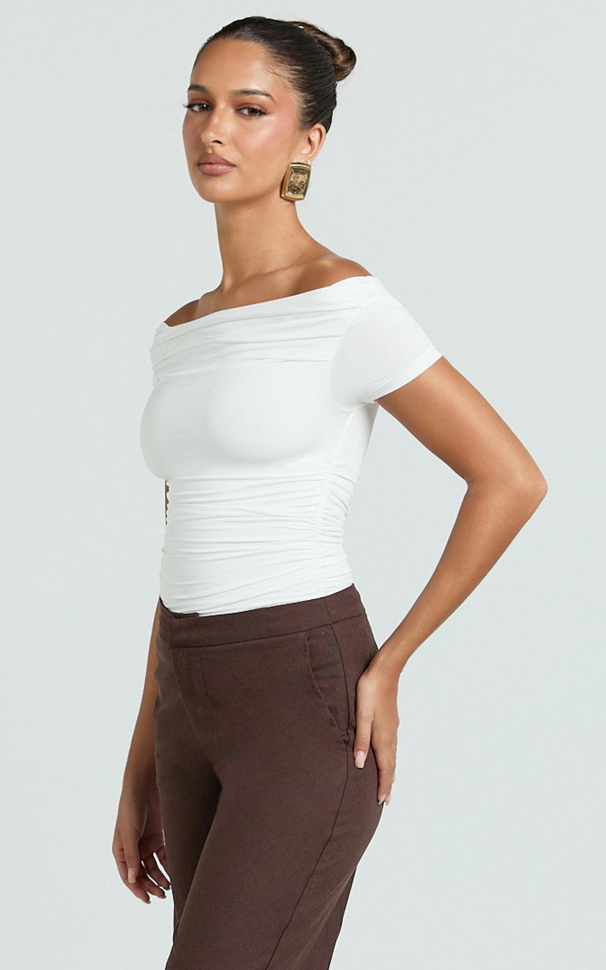Gena Top - Off Shoulder Gathered Short Sleeve Top in Cream
