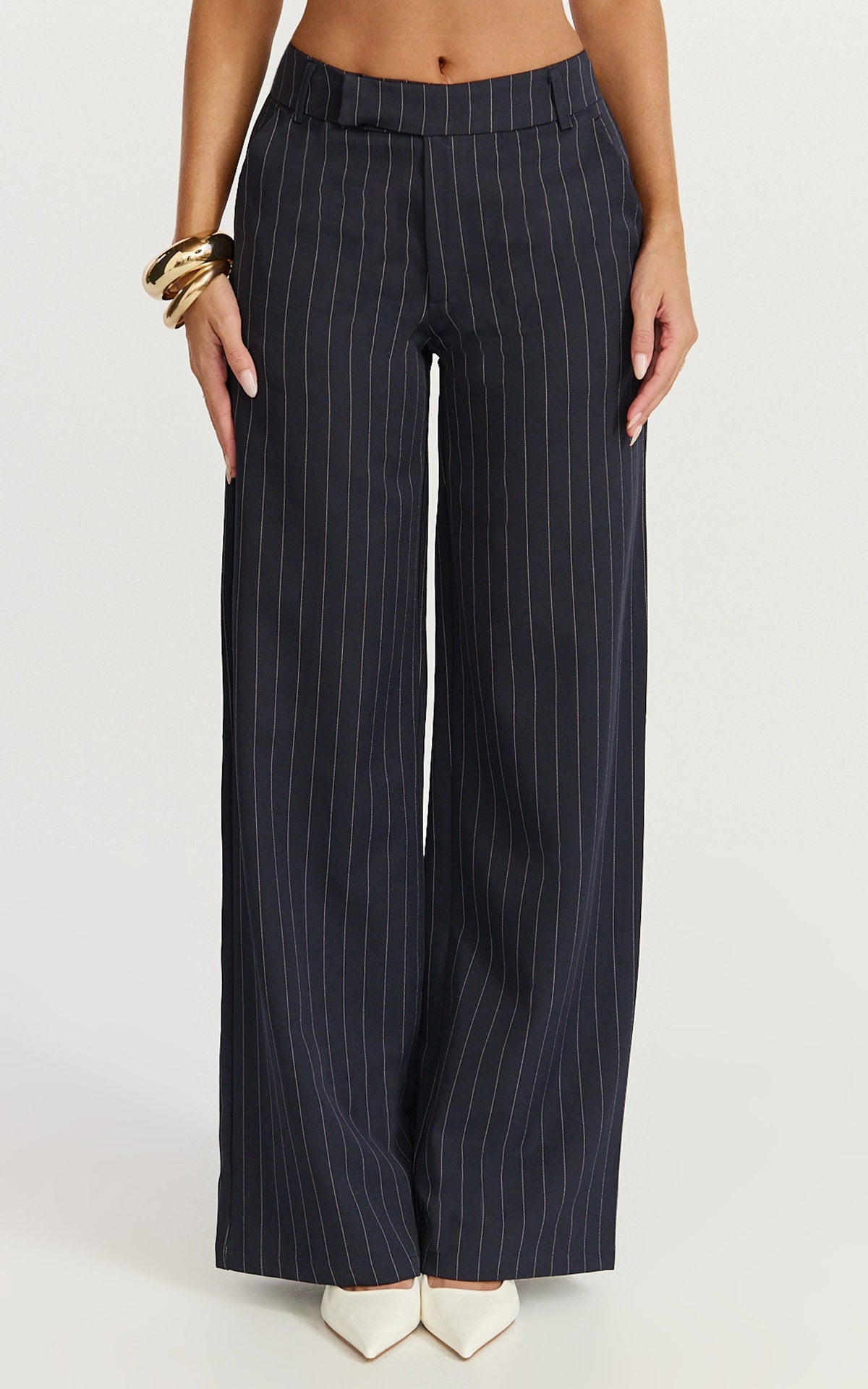 Georgie Pants - Mid Rise Straight Leg Pinstripe Pants in Dark Navy