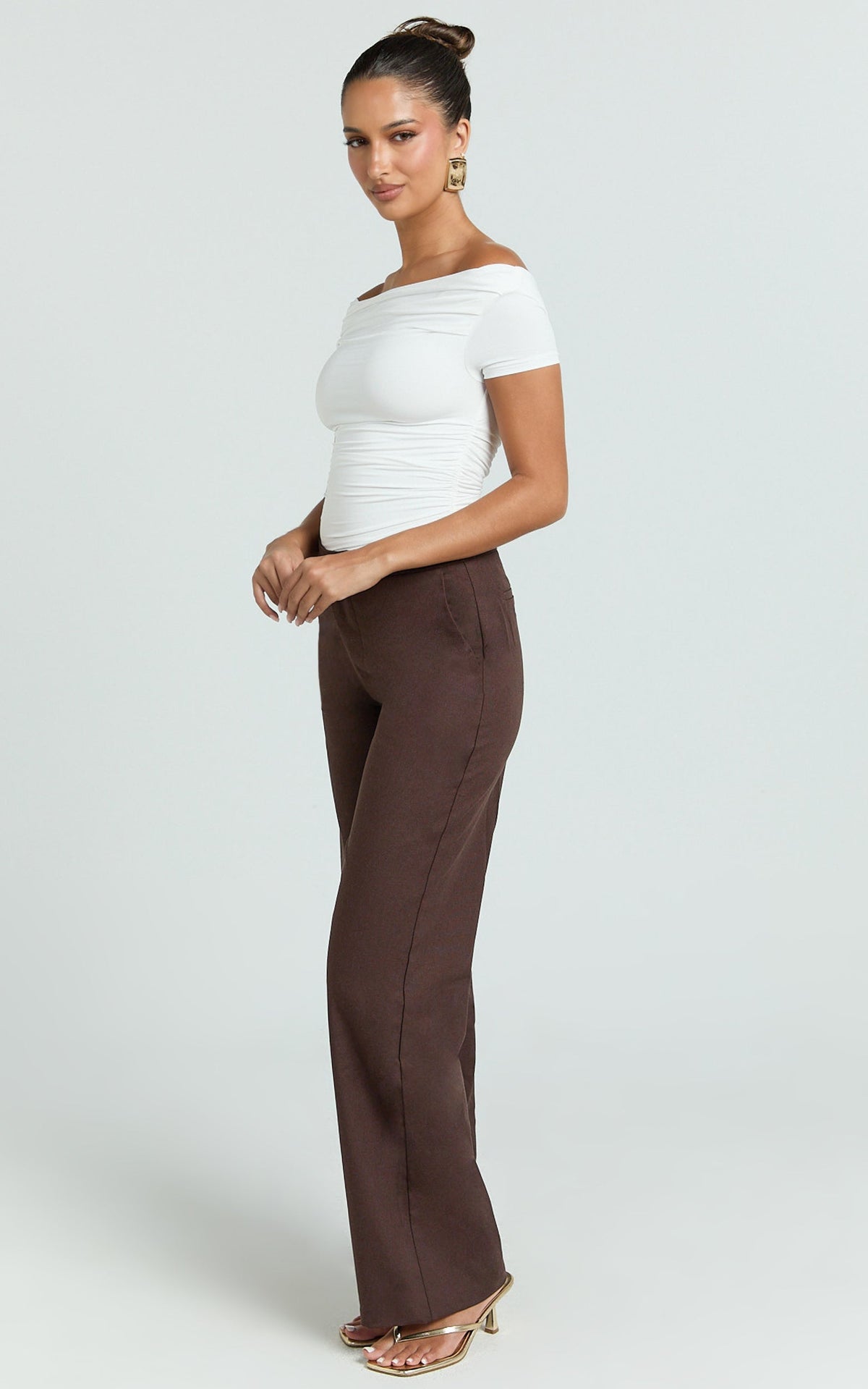 Goldie Pants - Mid Waisted Beaded Belt Tie Straight Leg Pants in Dark Chocolate