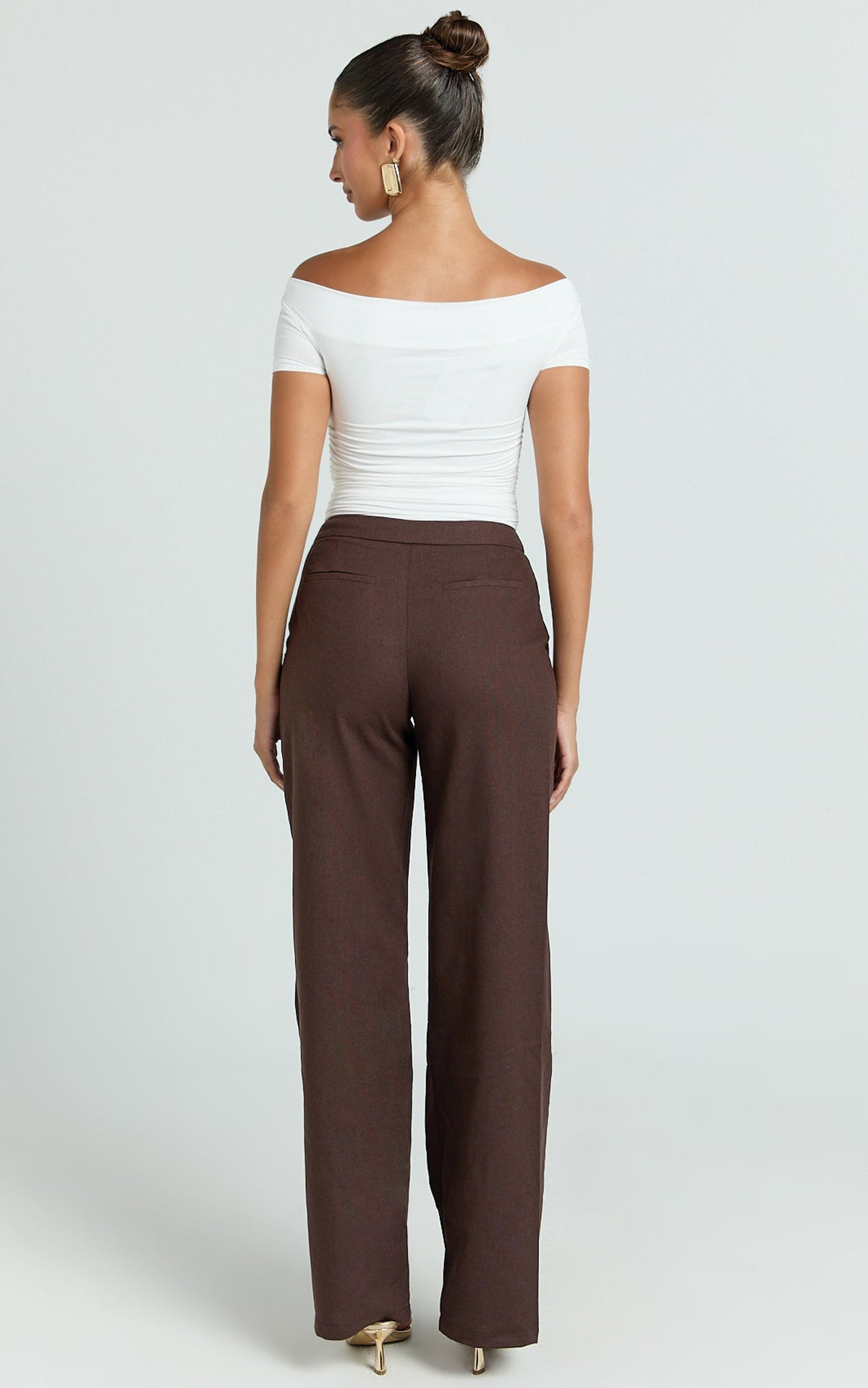 Goldie Pants - Mid Waisted Beaded Belt Tie Straight Leg Pants in Dark Chocolate