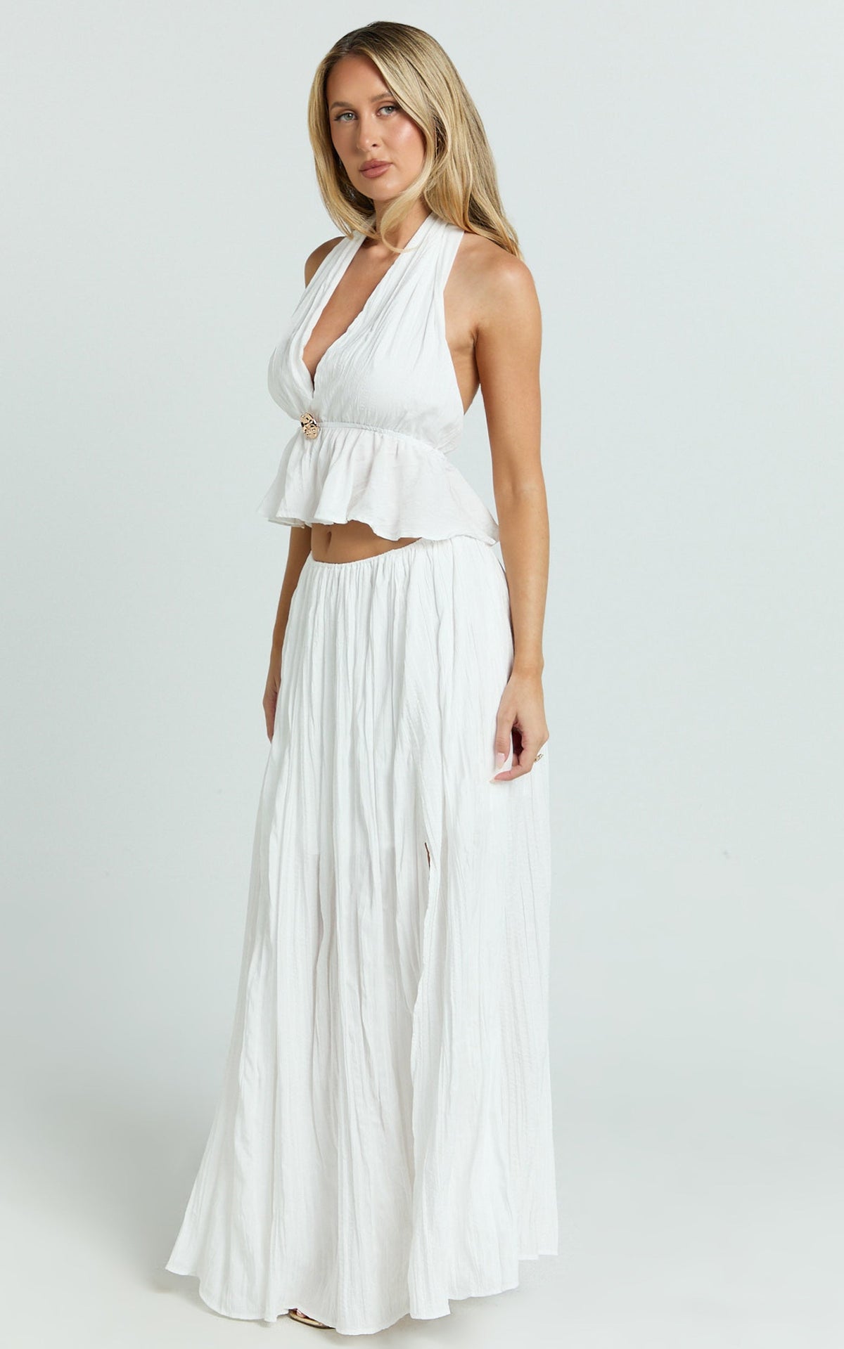 Heidi Top - Deep V Halter Neck Tie Brooch Detail Pleated Peplum Top in White