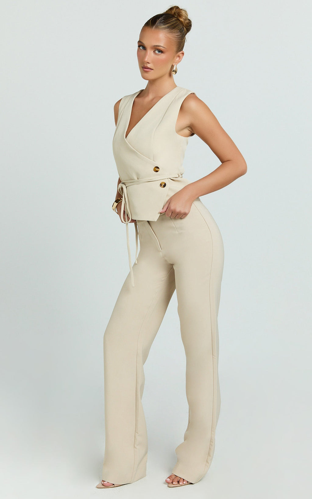 Hera Top - V Neck Vest Top With Tie Waist in Putty