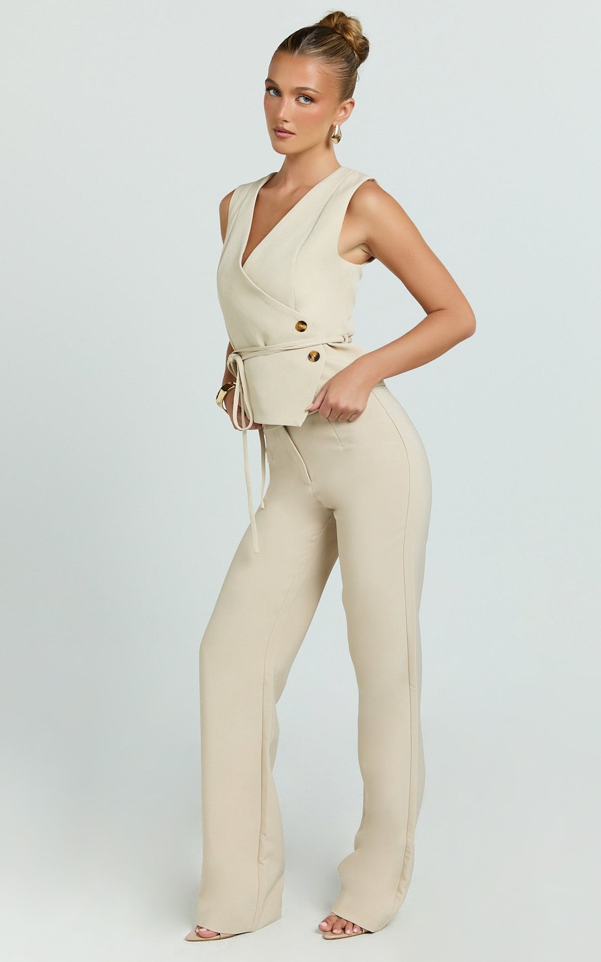 Hera Top - V Neck Vest Top With Tie Waist in Putty