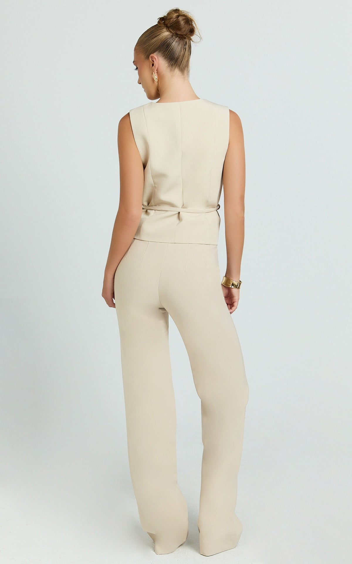Hera Top - V Neck Vest Top With Tie Waist in Putty