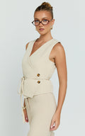 Hera Top - V Neck Vest Top With Tie Waist in Putty