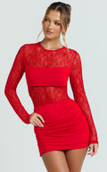 Imelda Mini Dress - Contrast Lace Long Sleeve Ruched Bodycon Dress in Red
