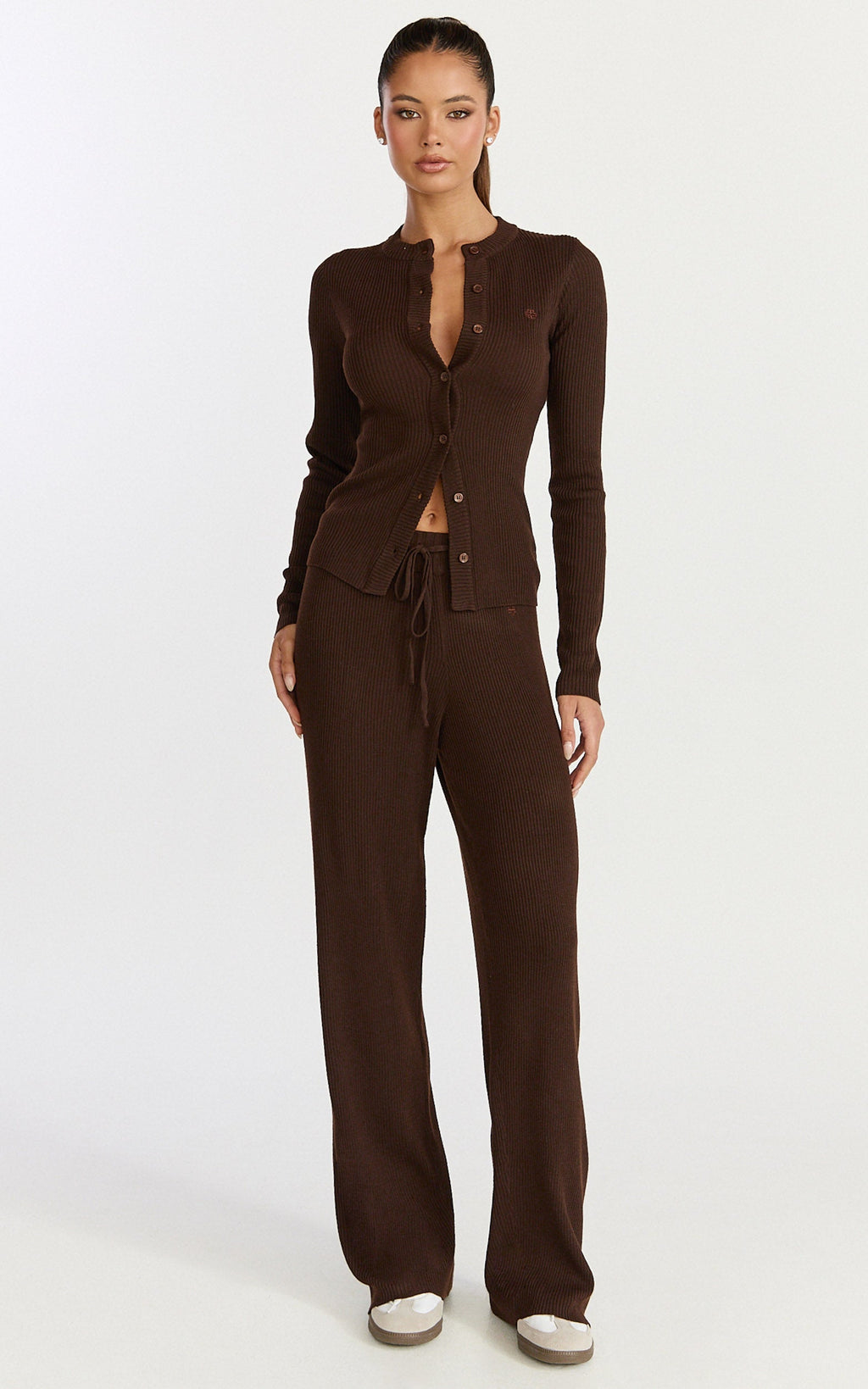 Indigo Top - Long Sleeve Button Down Knit Top in Chocolate