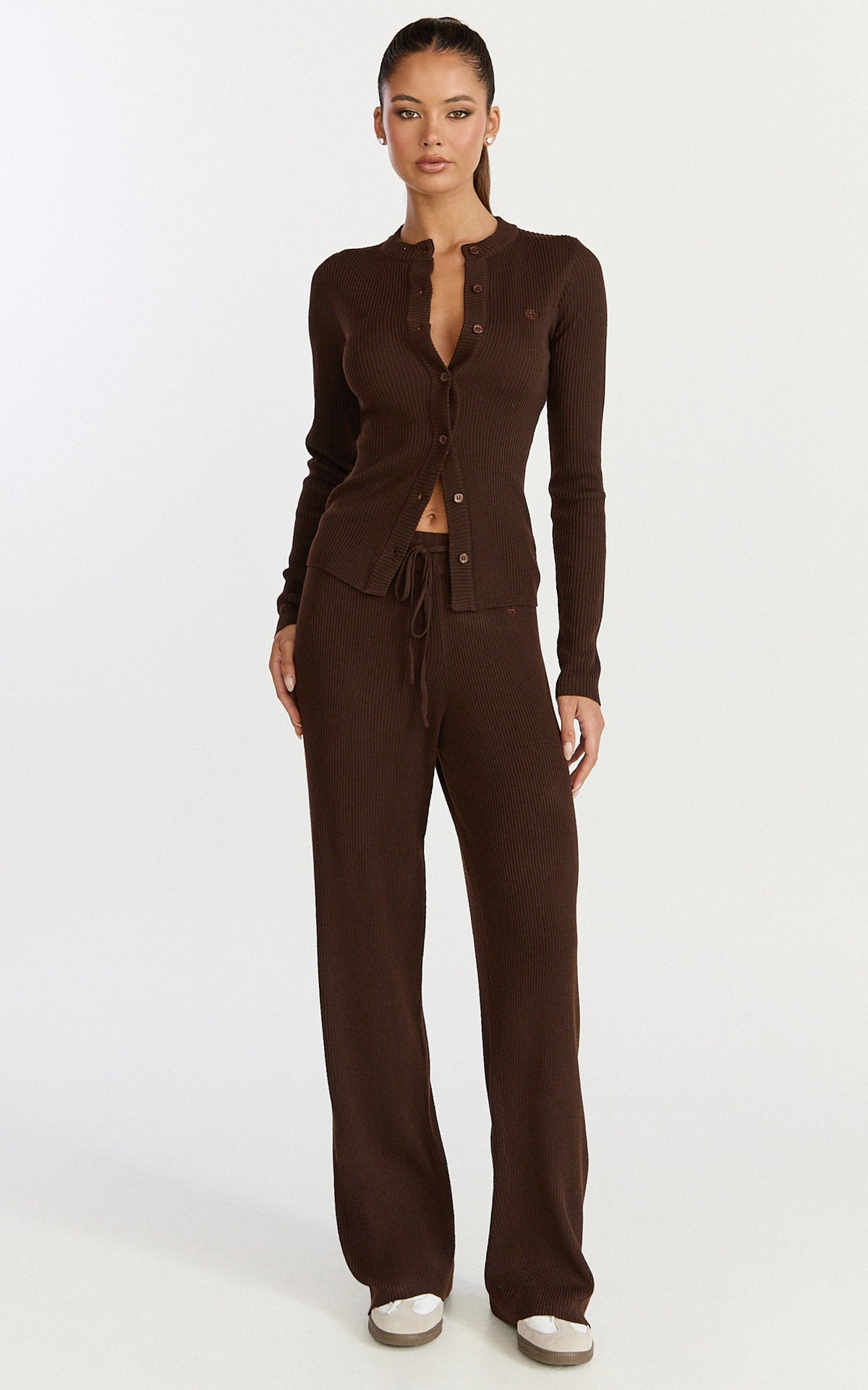 Indigo Top - Long Sleeve Button Down Knit Top in Chocolate