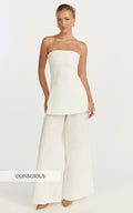 Isadora Two Piece Top and Pants Set - Strapless Longline Top and Wide Leg Pants Set in White