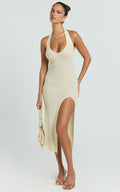 Jada Midi Dress - Knit Halter Neck Leg Split Pearl Bead Fitted Dress in Ivory
