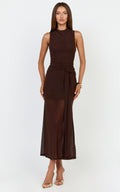 Jaimae Midi Dress - High Neck Side Knot Detail Mesh Dress in Chocolate
