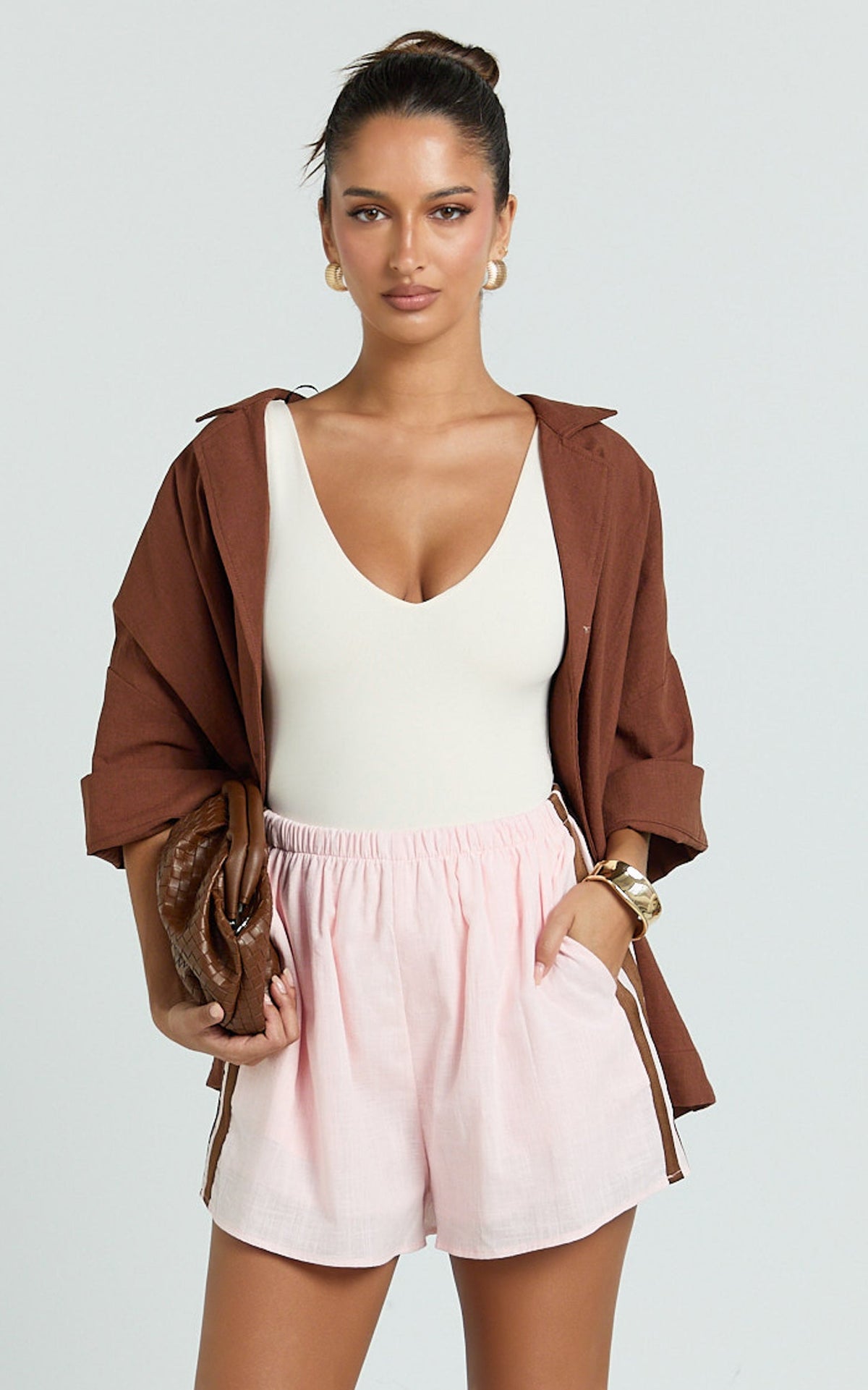 June Short - Linen Look Side Stripe Short in Pink Choc