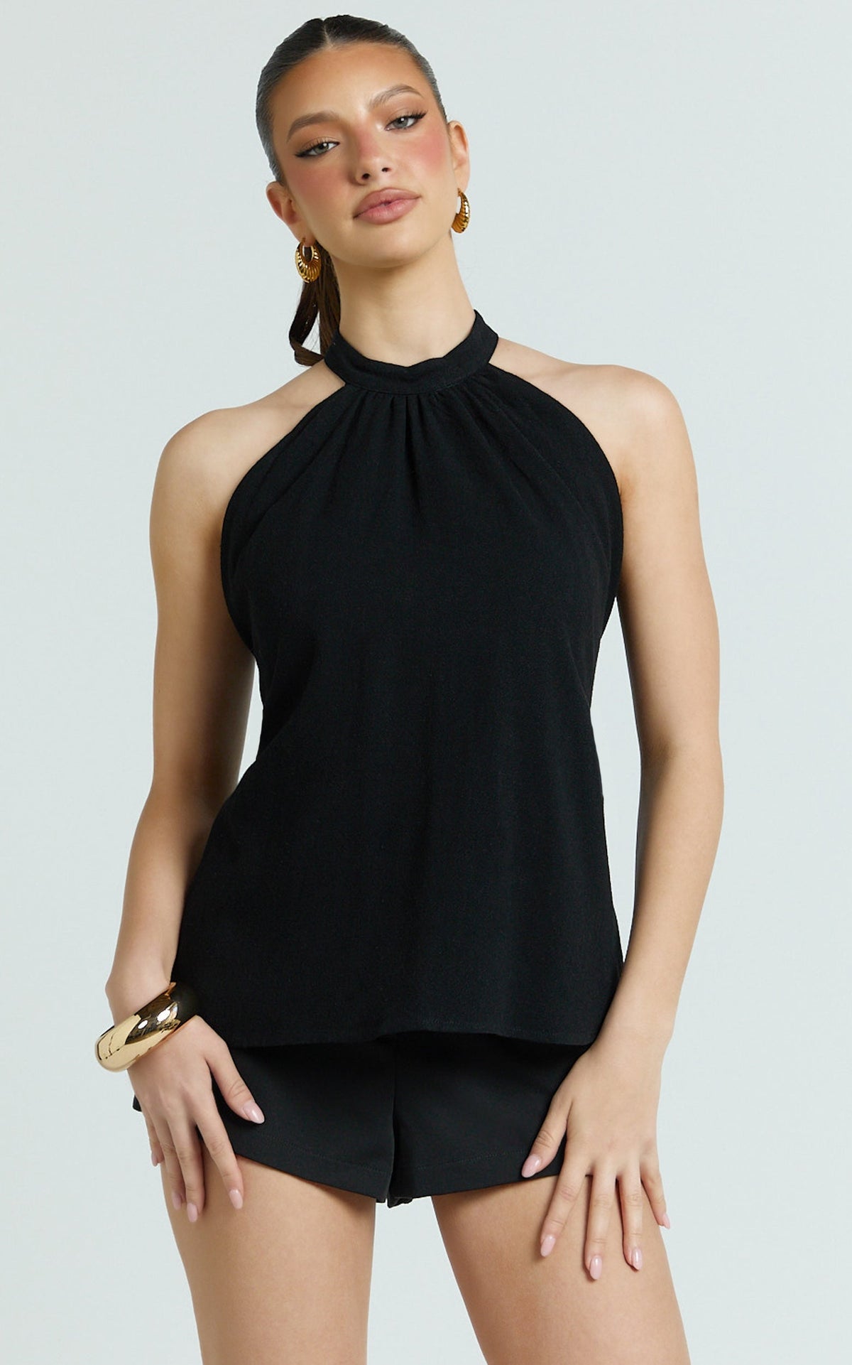Kala Top - High Neck Tie Waist Linen Blend Peplum Top in Black