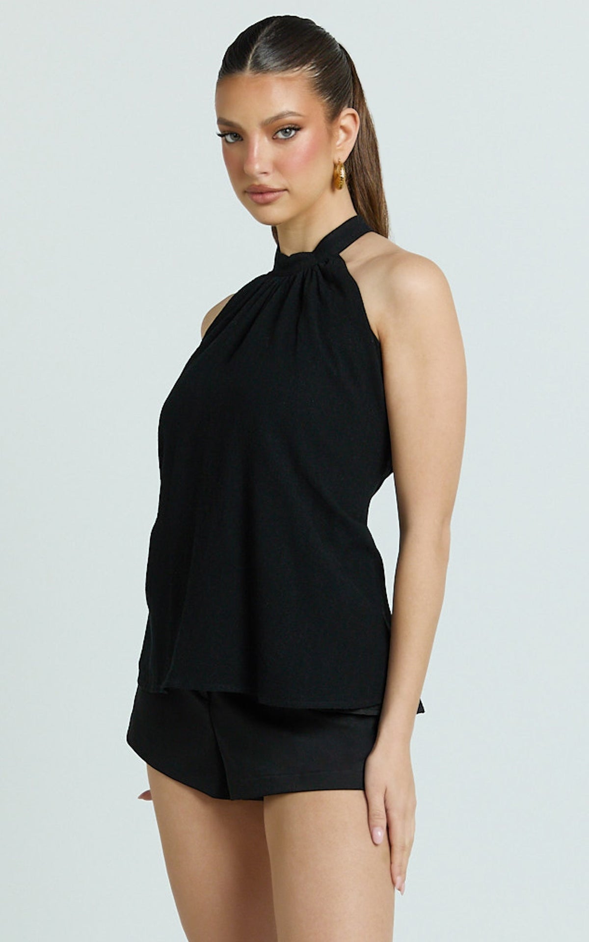 Kala Top - High Neck Tie Waist Linen Blend Peplum Top in Black