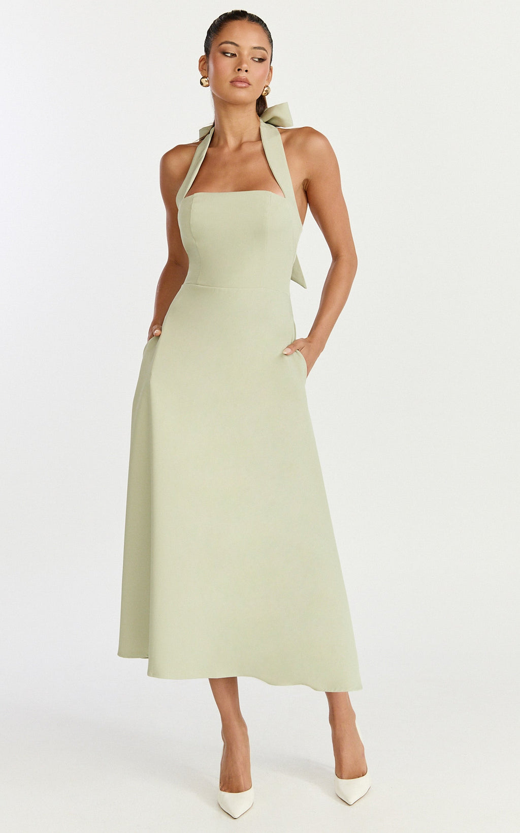 Karissa Midi Dress - Halter Neck Fitted Bodice Midi Soft A Line Skirt Dress in Pistachio