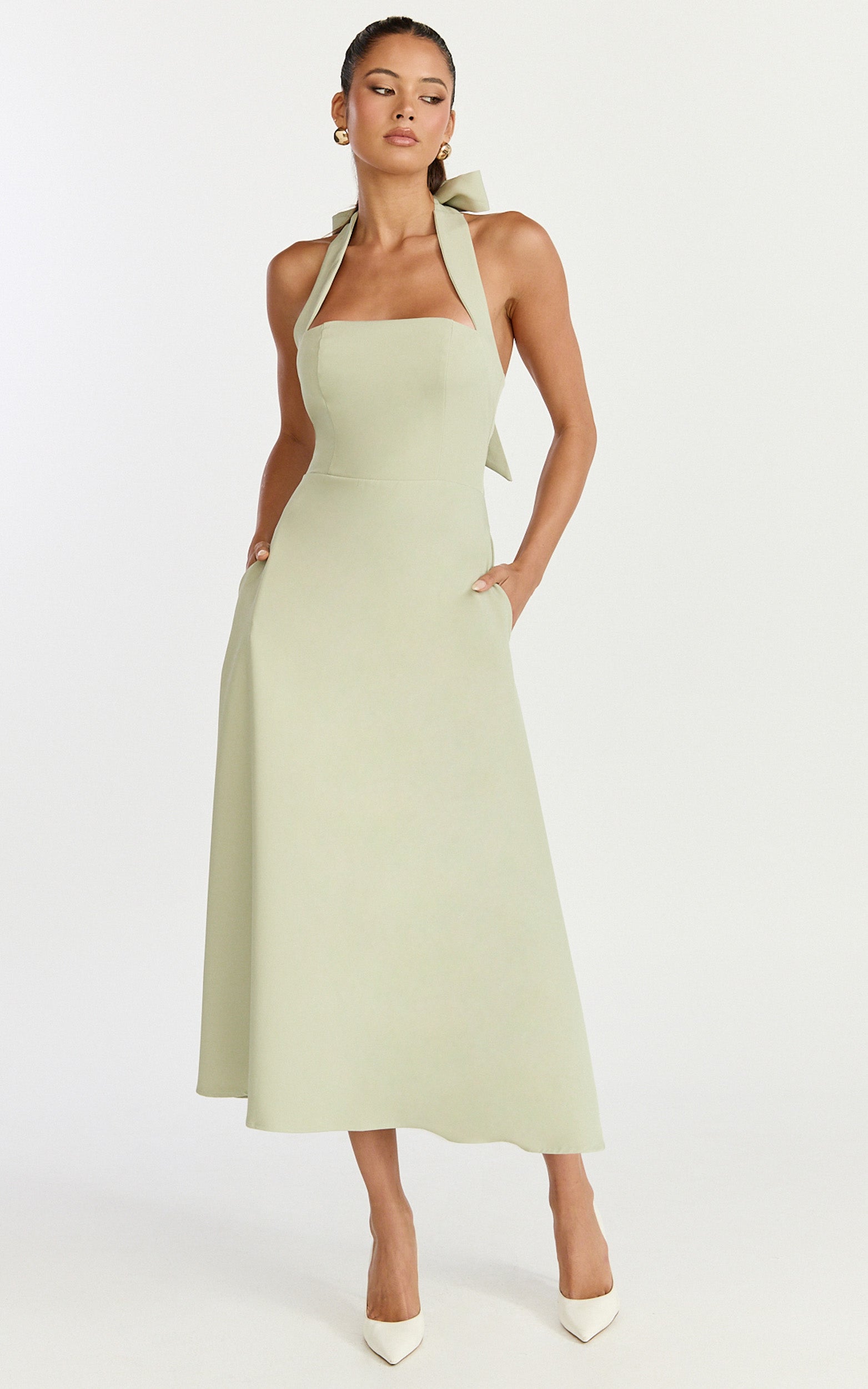 Karissa Midi Dress - Halter Neck Fitted Bodice Midi Soft A Line Skirt Dress in Pistachio