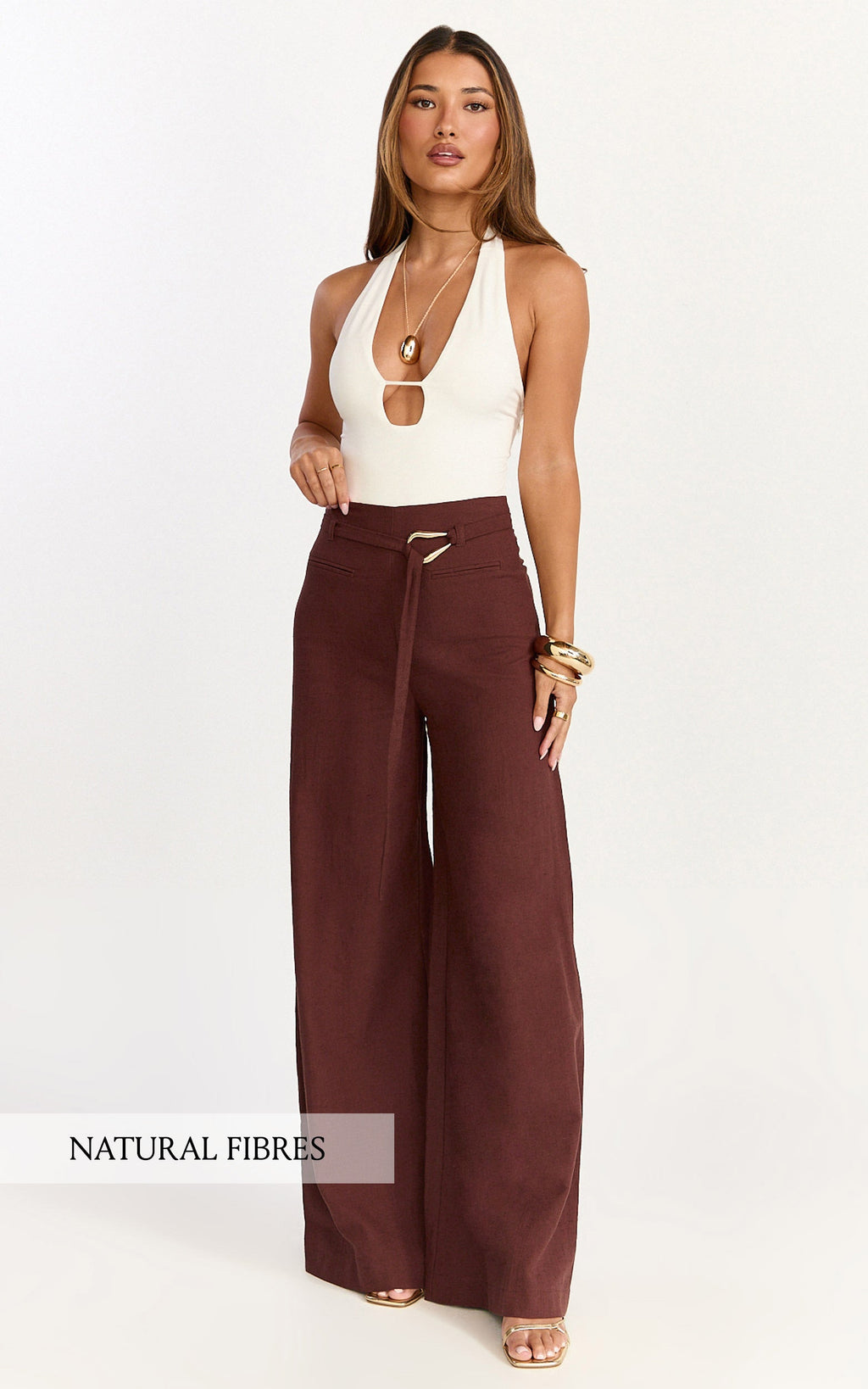 Kyra Pants - Linen Look Belted Wide Leg Pants in Chocolate