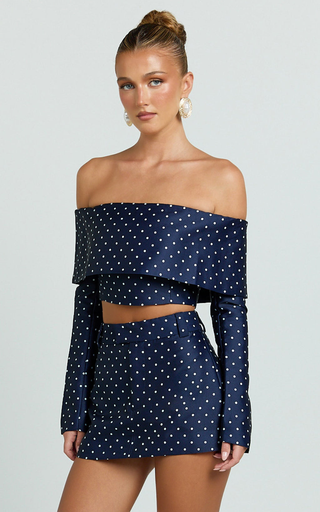 Lana Mini Skirt - Structured Tailored Skirt in Navy/White Polka Dot