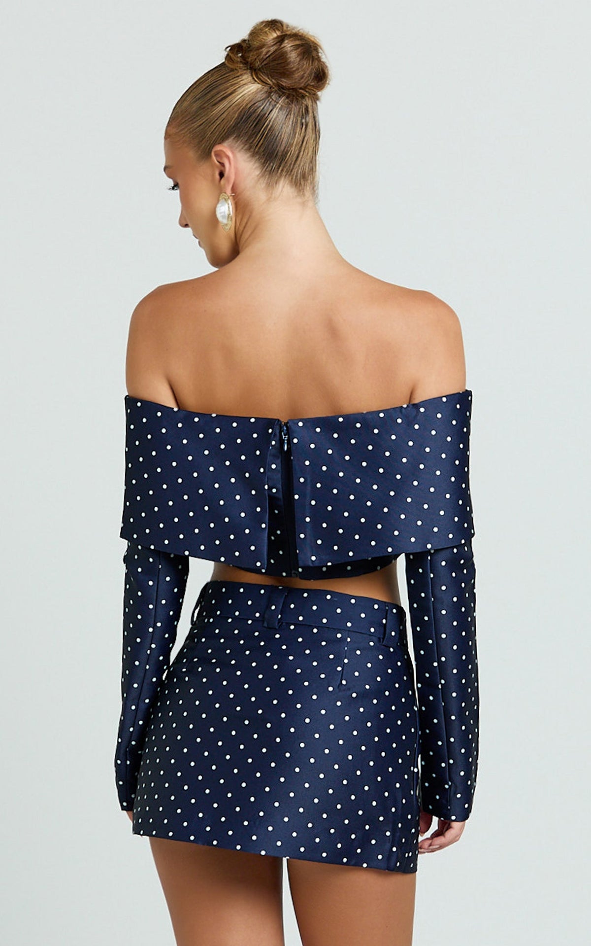 Lana Top - Long Sleeve Off Shoulder Cropped Top in Navy/White Polka Dot