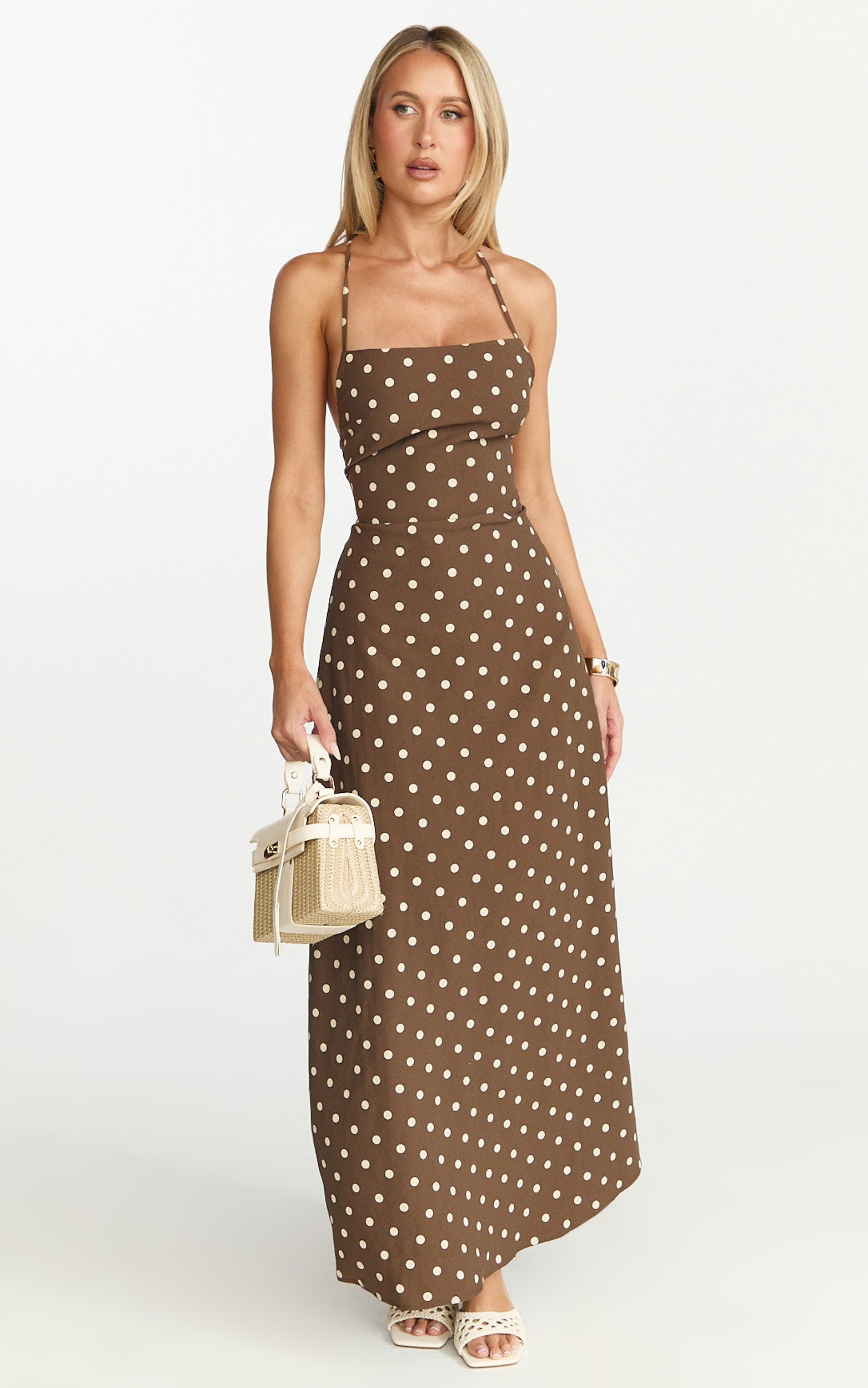 Leighton Midi Dress - Cross Over Spaghetti Straps Square Neck A Line Dress in Choc/Cream Polka Dot