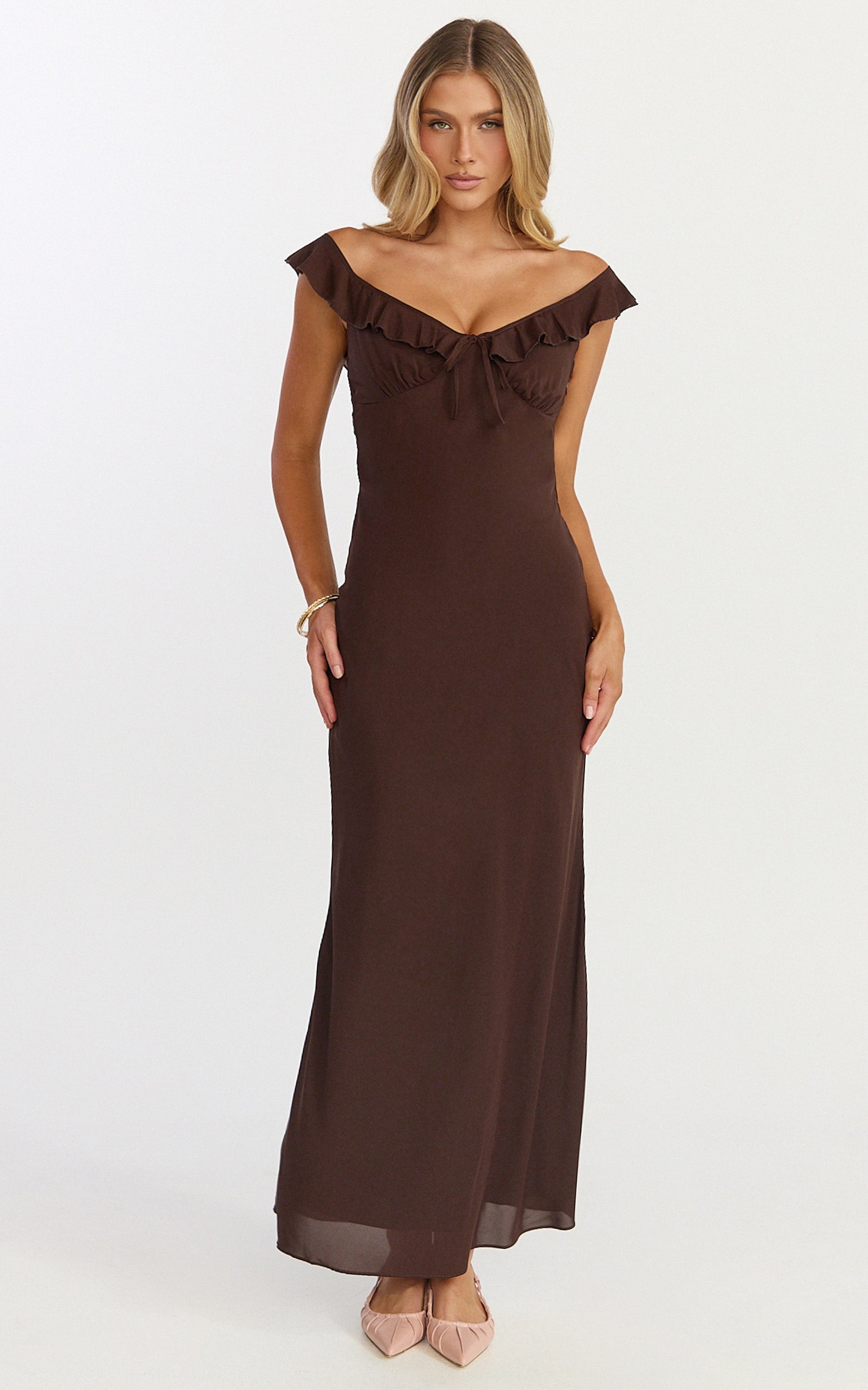 Lily Midi Dress - Ruffle V Neck Front Tie Slip Dress in Chocolate