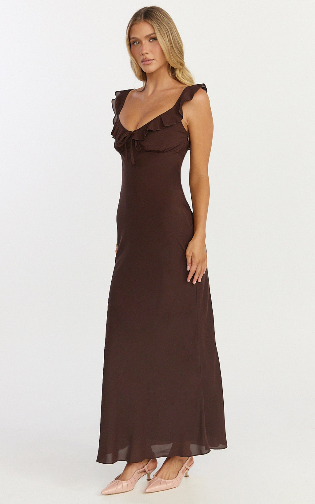 Lily Midi Dress - Ruffle V Neck Front Tie Slip Dress in Chocolate