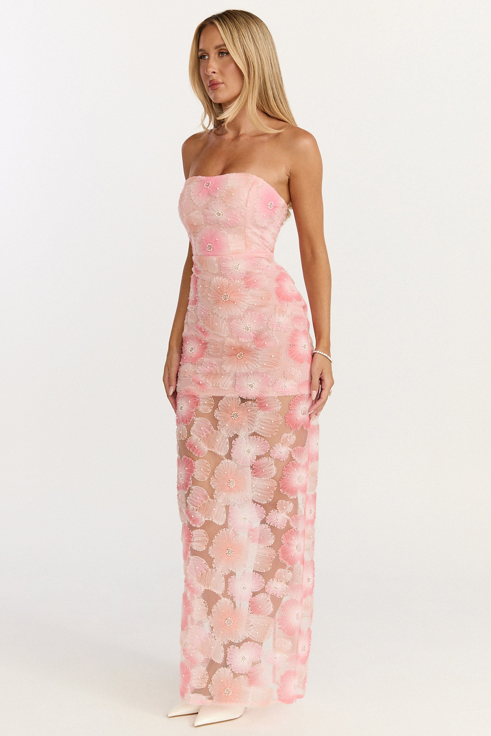 Lima Maxi Dress - Strapless Floral Embellished Column Dress in Pink