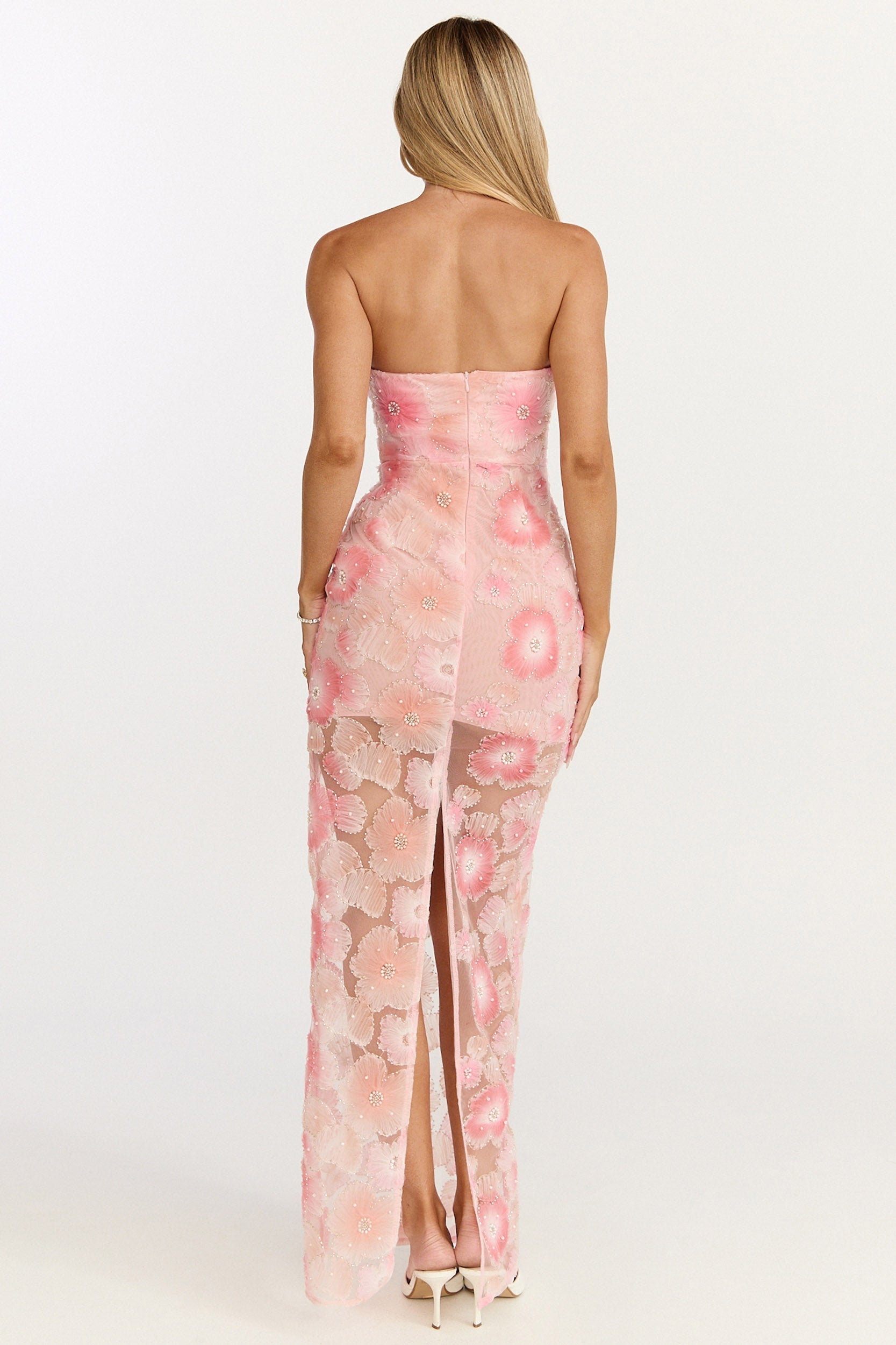 Lima Maxi Dress - Strapless Floral Embellished Column Dress in Pink