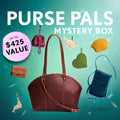 A collection of bags and small goods. Text reads "Purse Pal's Mystery Box. Up to $425 value"