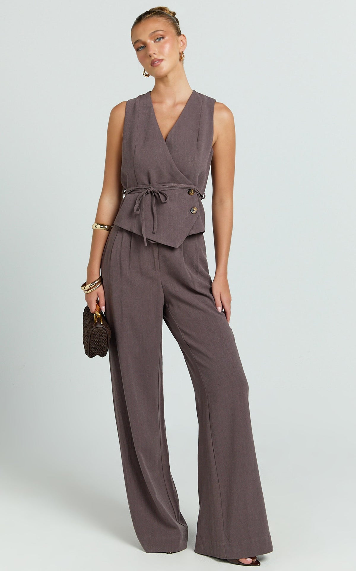 Lorde Top - V Neck Vest Top With Tie Waist in Mushroom