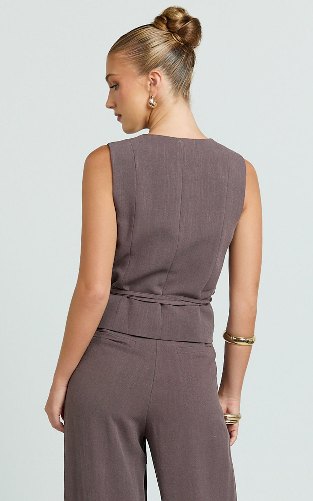 Lorde Top - V Neck Vest Top With Tie Waist in Mushroom