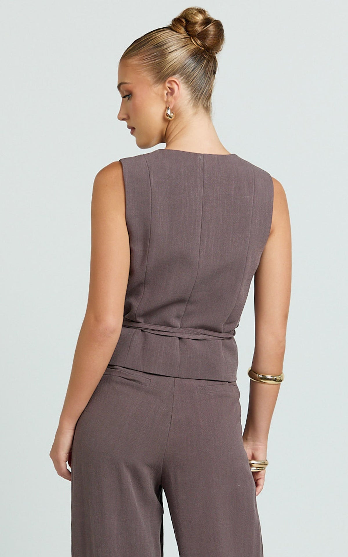 Lorde Top - V Neck Vest Top With Tie Waist in Mushroom