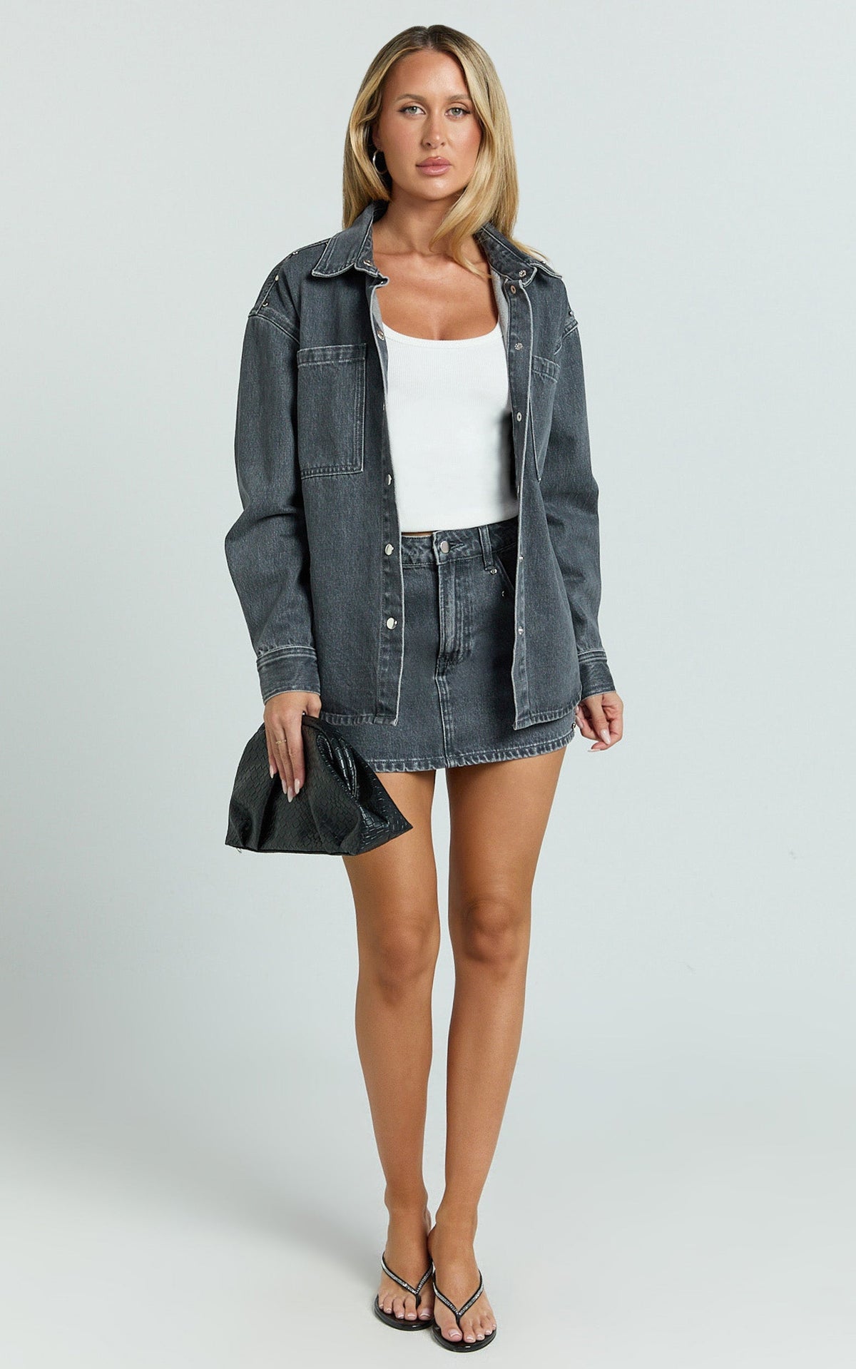 Makayla Mini Skirt - Mid Waisted Stud Detail Denim Mini Skirt in Dark Grey