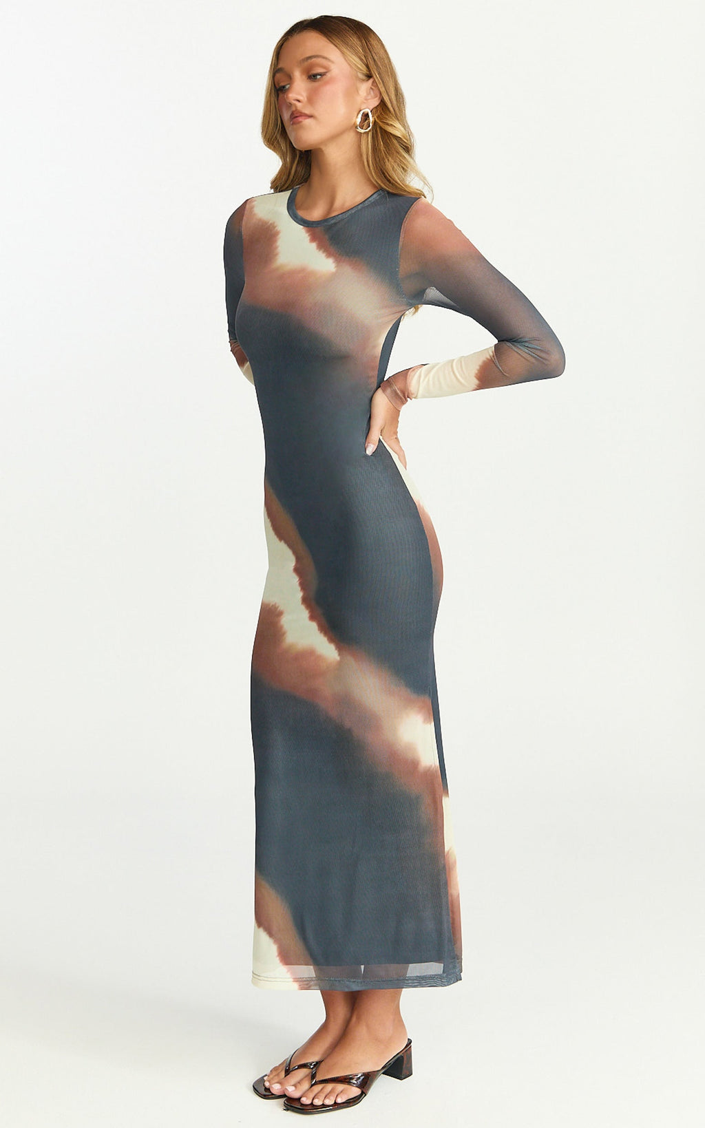 Margot Midi Dress - High Neck Long Sleeve Mesh Dress in Rust Print