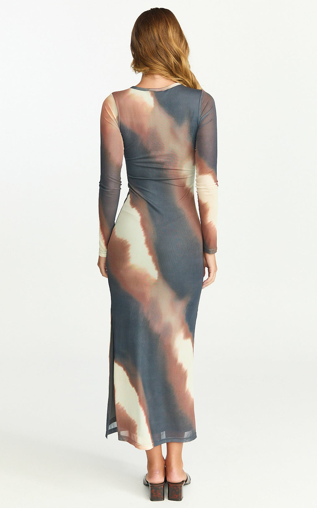Margot Midi Dress - High Neck Long Sleeve Mesh Dress in Rust Print