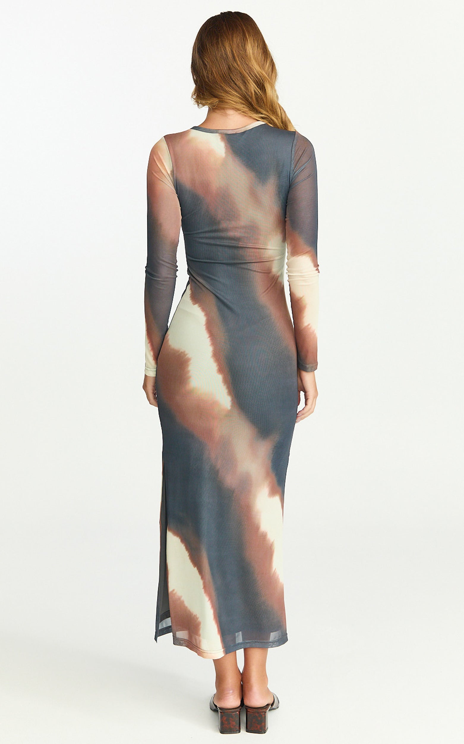 Margot Midi Dress - High Neck Long Sleeve Mesh Dress in Rust Print