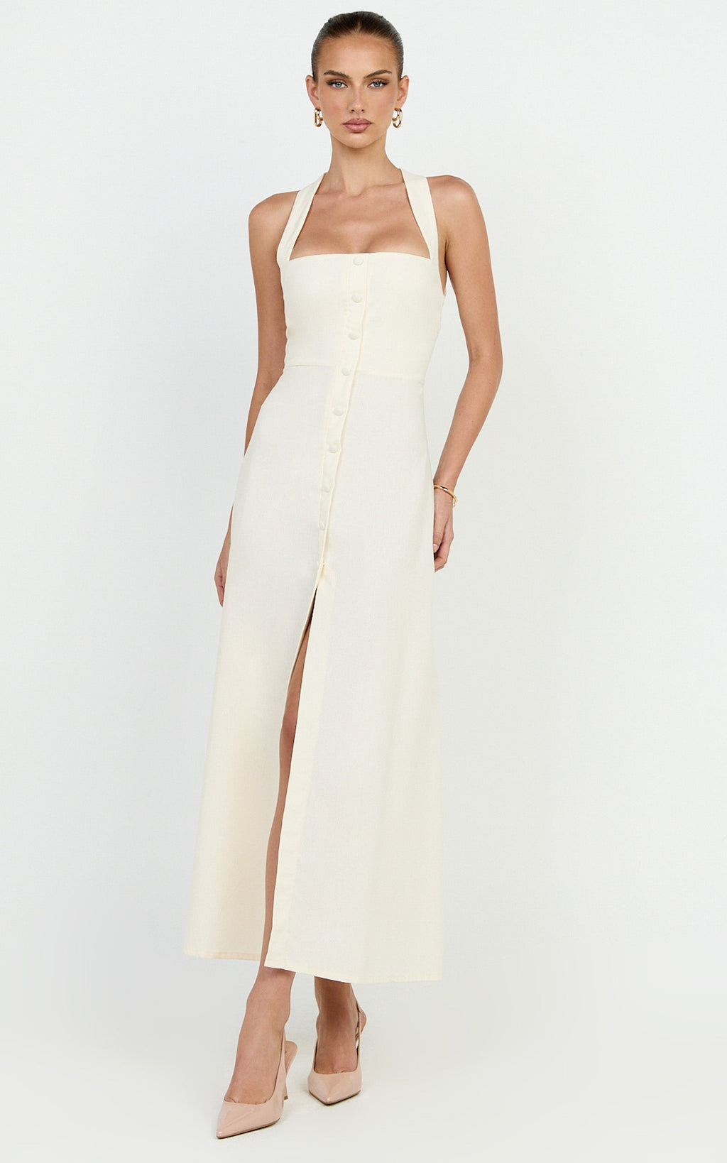 Marla Midi Dress - Square Neck Button Front Shift Dress in Cream