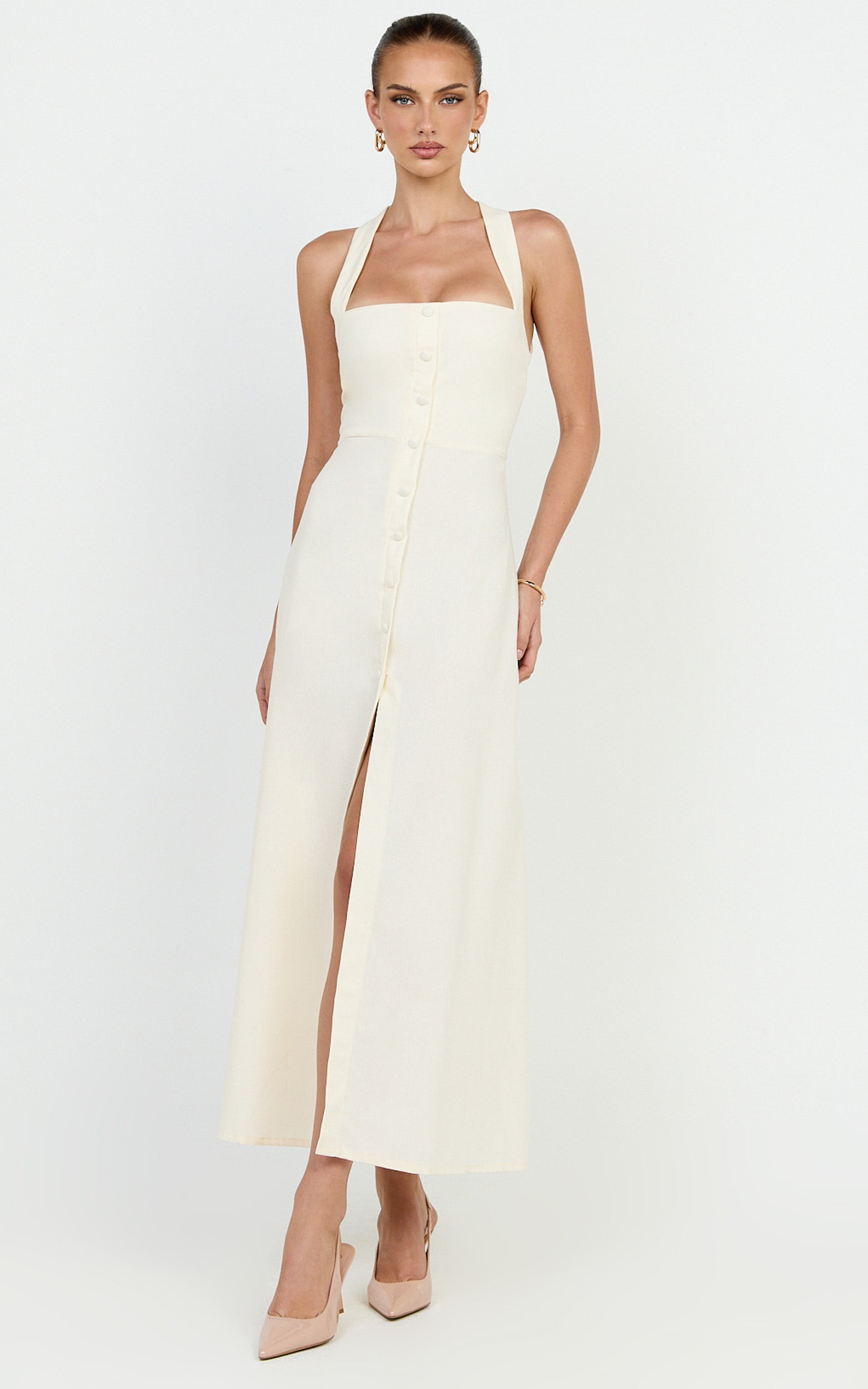 Marla Midi Dress - Square Neck Button Front Shift Dress in Cream