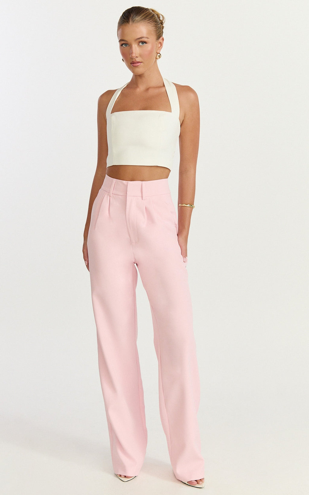 Melissa Pants - Pleat Front Wide Leg Tailored Pants in Pink
