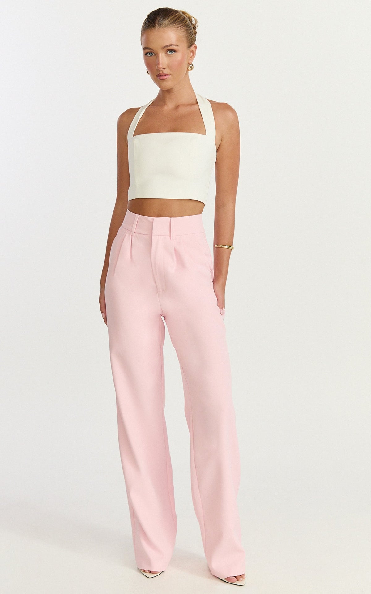 Melissa Pants - Pleat Front Wide Leg Tailored Pants in Pink