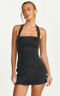 Nicky Top - Denim Hardware Buckle Halter Neck Top in Washed Black
