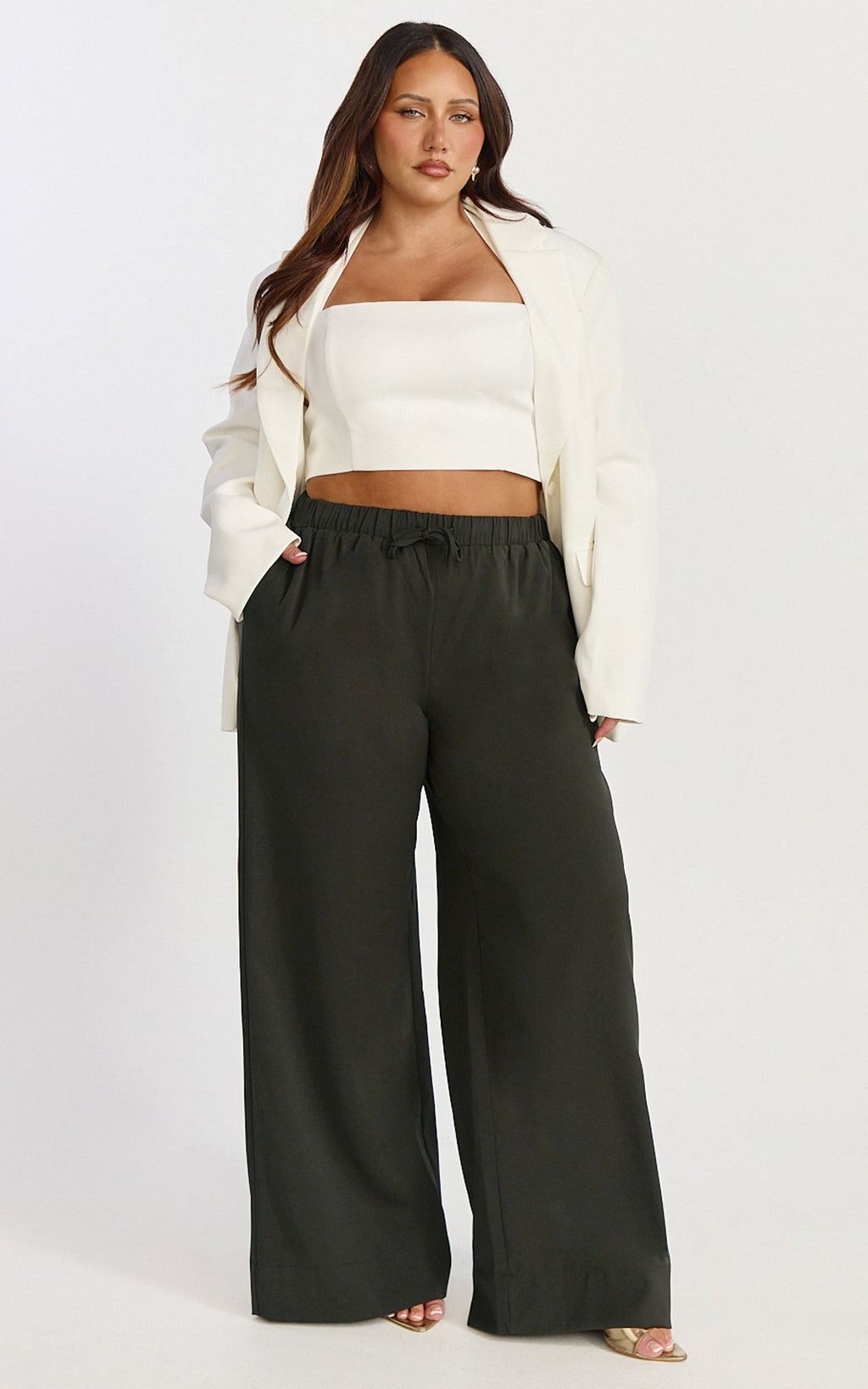 Nicole Pants - High Waist Elasticated Gathered Waist Wide Leg Pants in Chocolate