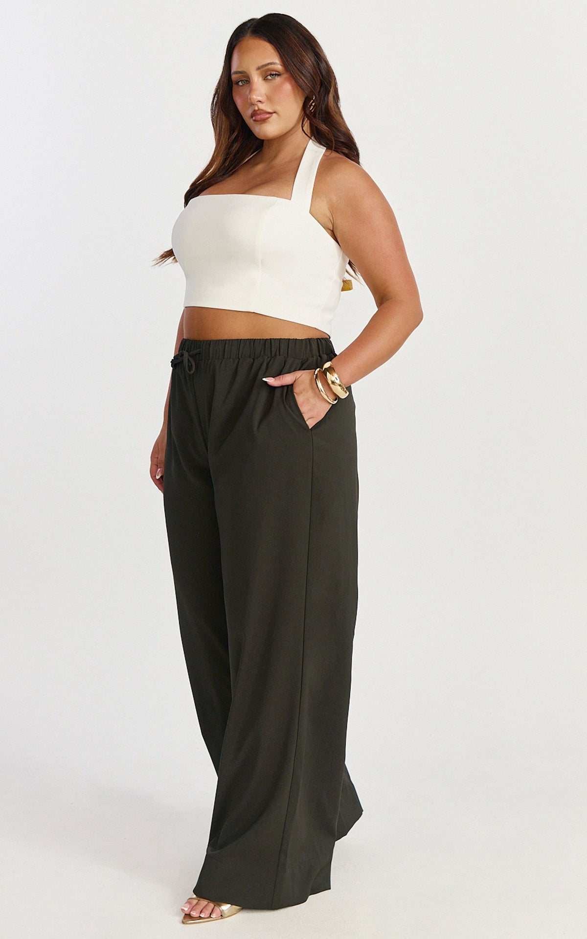 Nicole Pants - High Waist Elasticated Gathered Waist Wide Leg Pants in Chocolate