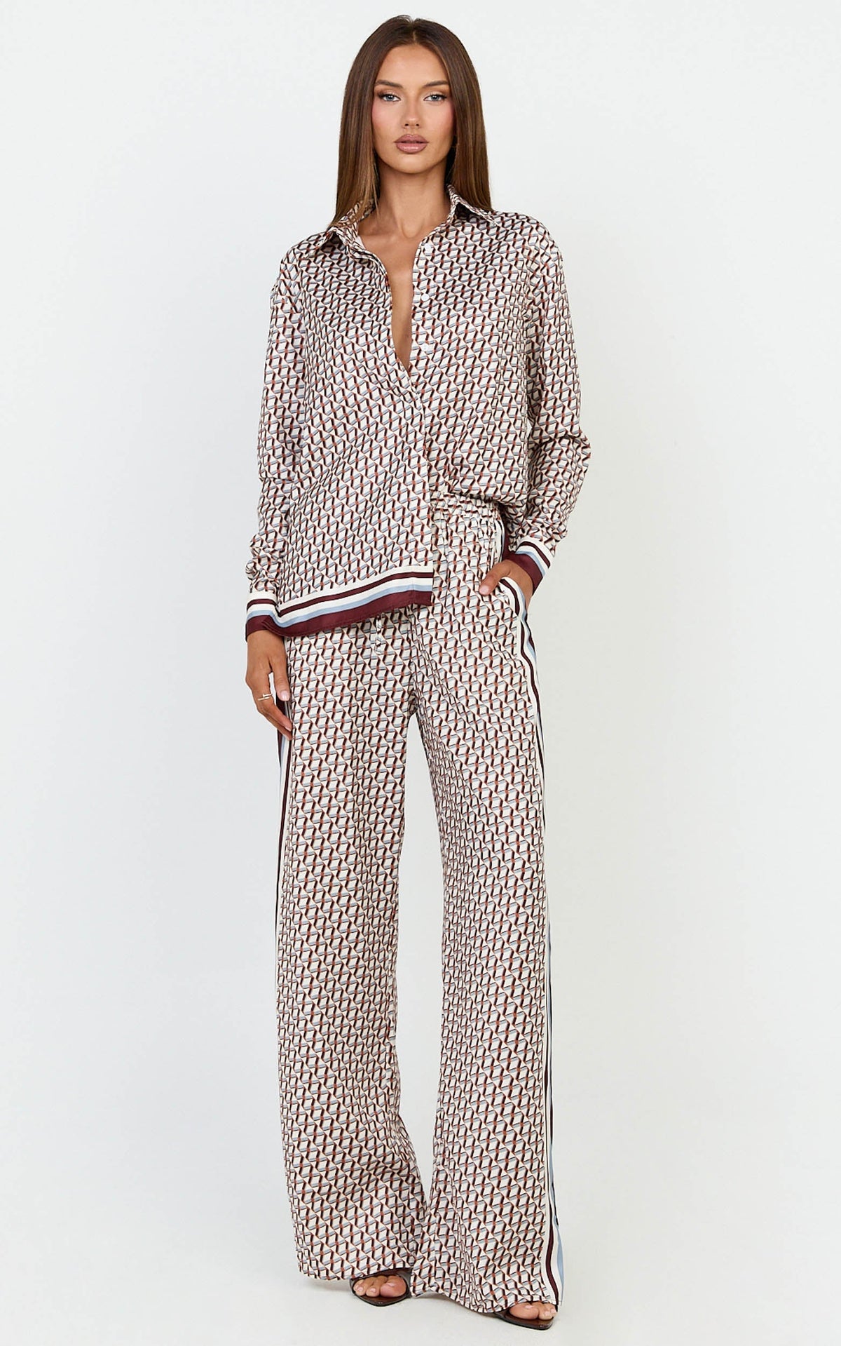 Noelle Pants- Geo Border Print High Elasticated Waist Relaxed Trousers in Geo Border Print