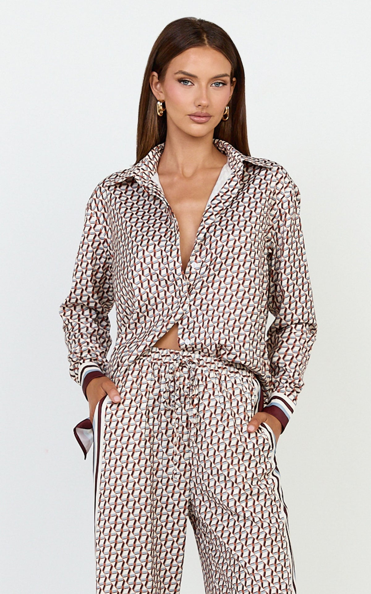 Noelle Top - Geo Border Print Button Front Long Sleeve Shirt in Multi