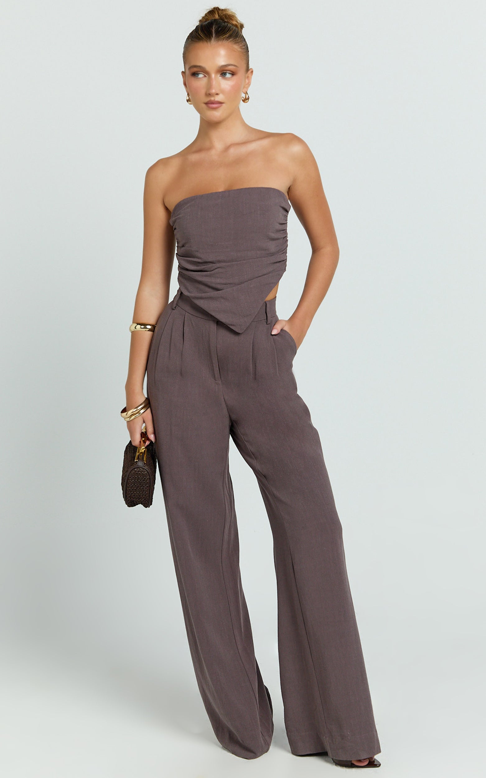 Norma Pants - High Waist Linen Blend Wide Leg Pants in Mushroom