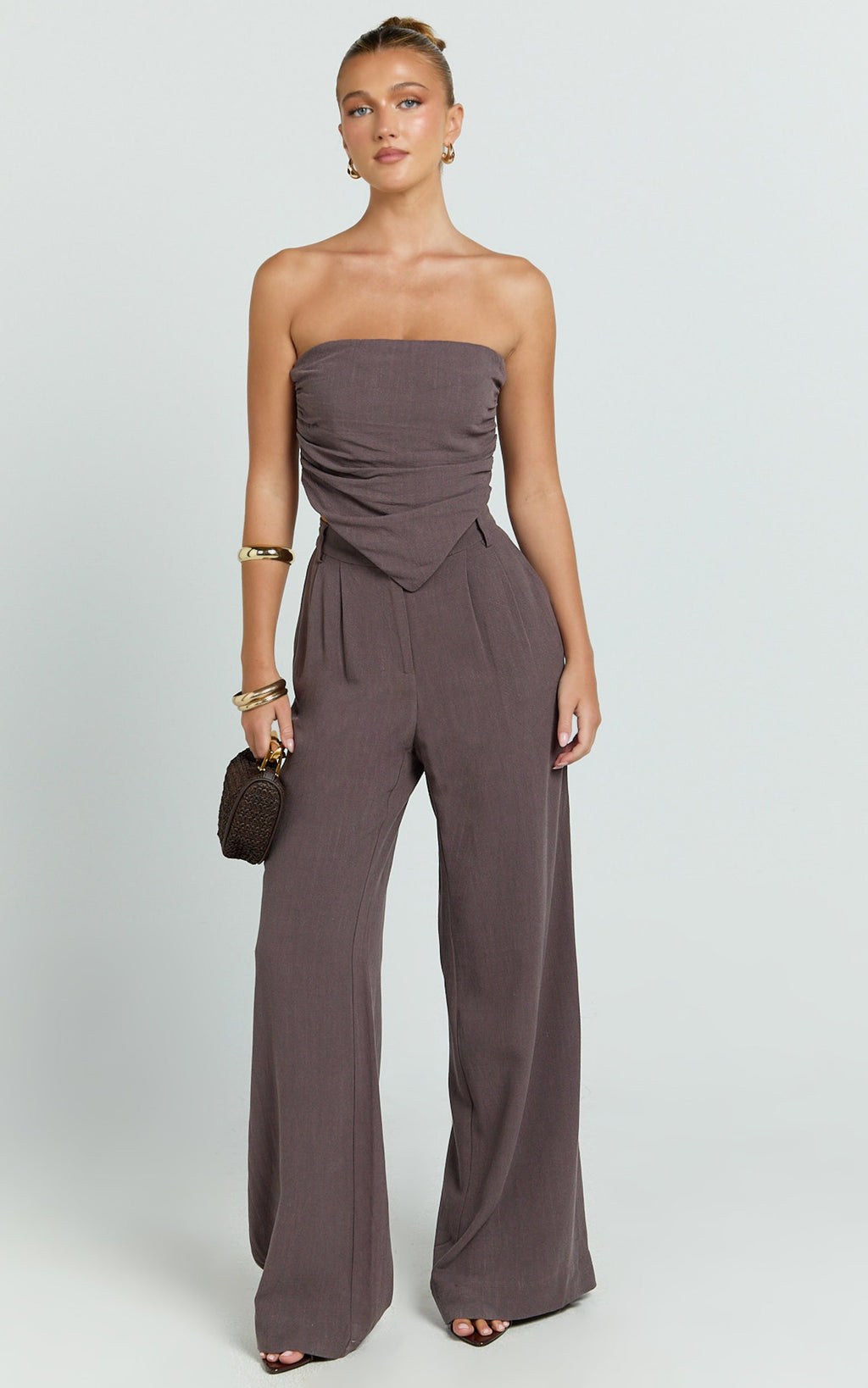 Norma Top - Strapless Linen Blend Scarf Tie Top in Mushroom