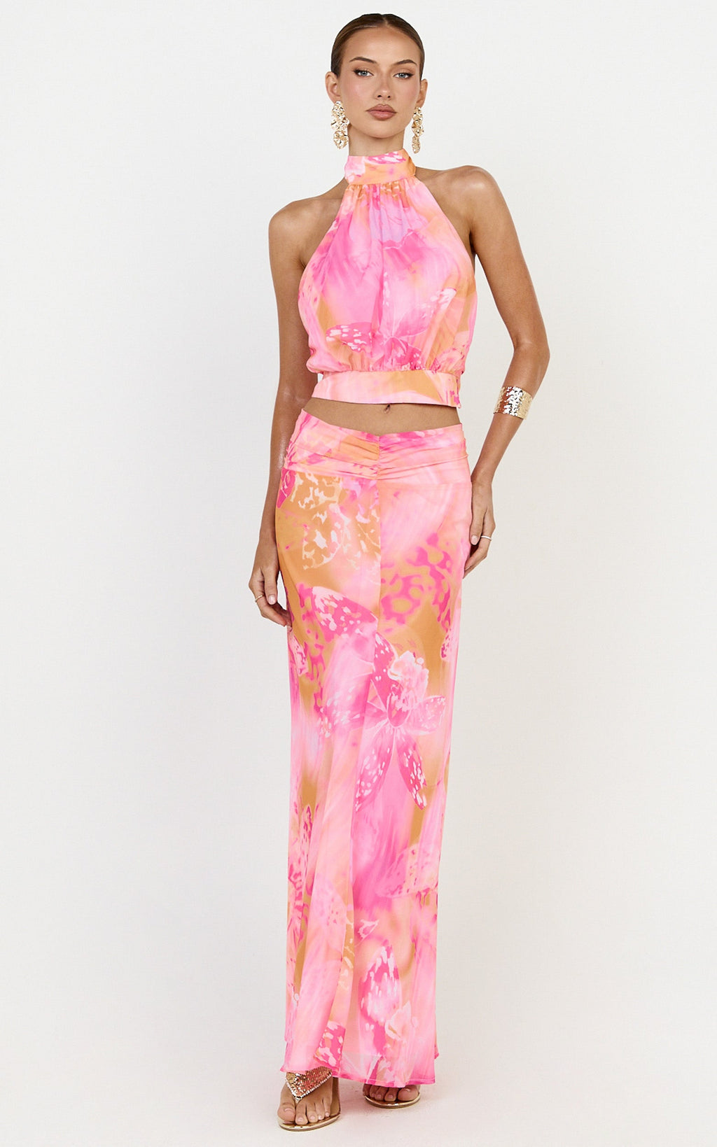 Nova Top - High Neck Georgette Top in Hot House Orchid Print