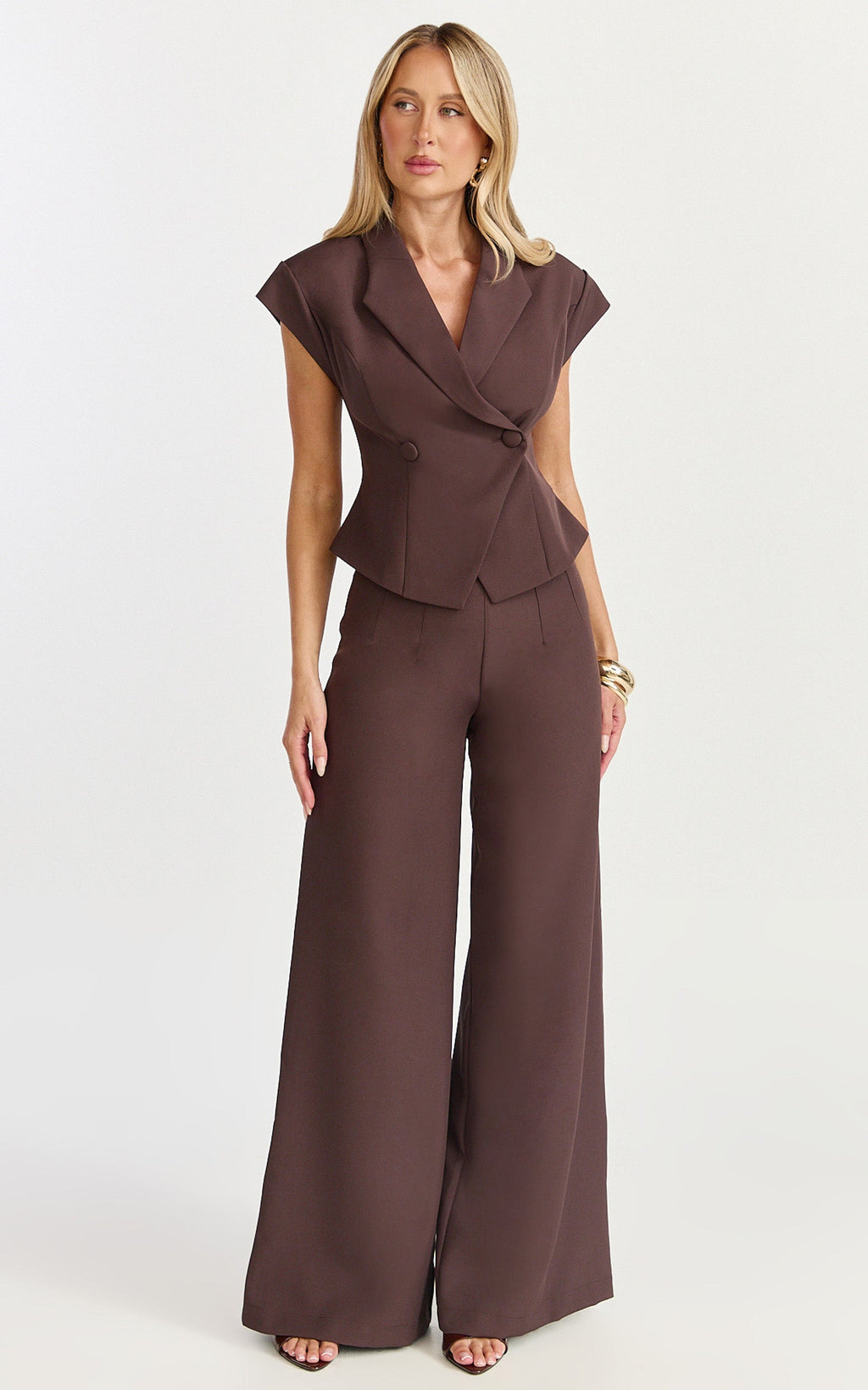 Poppy Top - Cap Sleeve Double Breasted Vest Top in Dark Chocolate